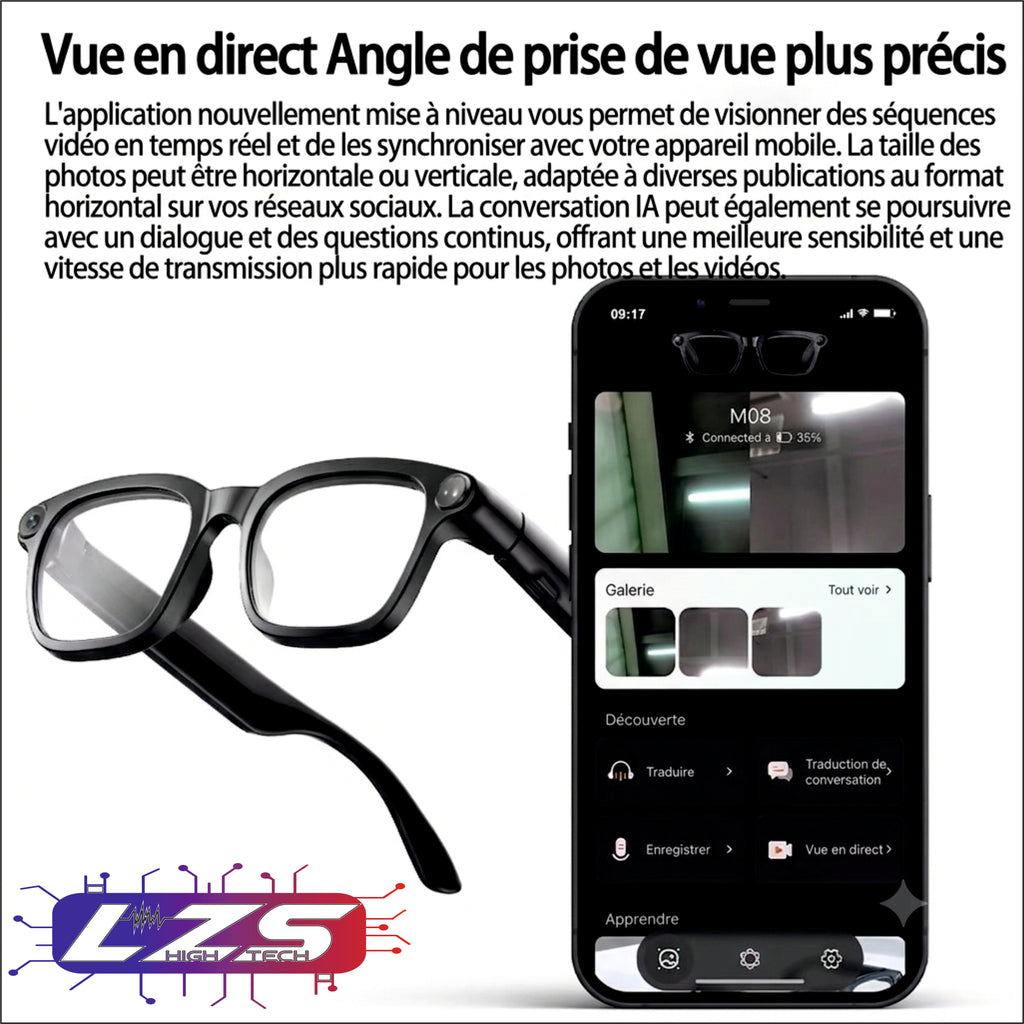 Lunettes Connectées Intelligentes – Caméra HD, Traduction IA & Audio Bluetooth